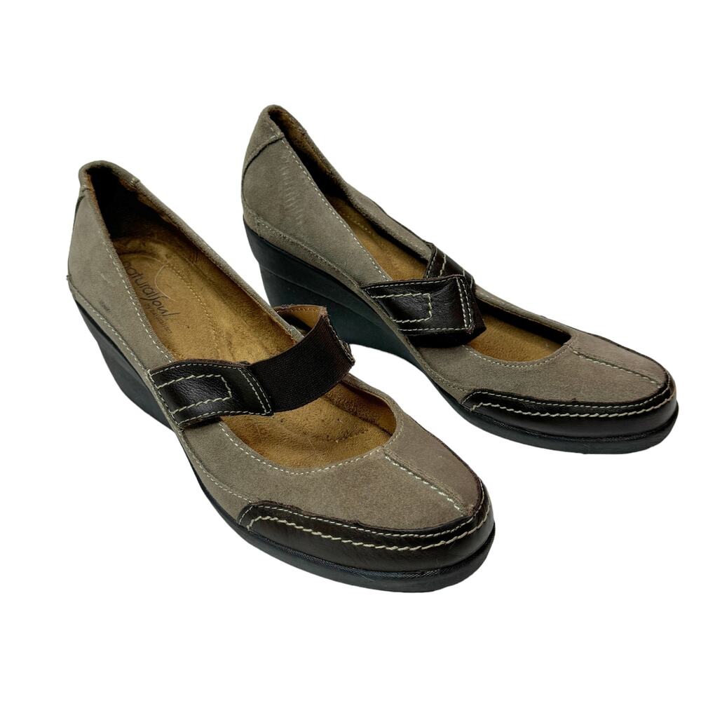 Natural Soul By Naturalizer Taupe Suede Leather Mary Jane Shoes Size 9 M Wedge